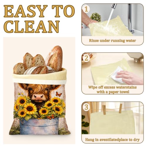 2 Pack Beeswax Highland Cow Bread Bags for Sourdough, Reusable Linen Sunflowers Butterfly Bread Bag 17x13'' Food Storage Cloth Bag Freezer-Friendly & Freshness Preservation - color: Highland Cow