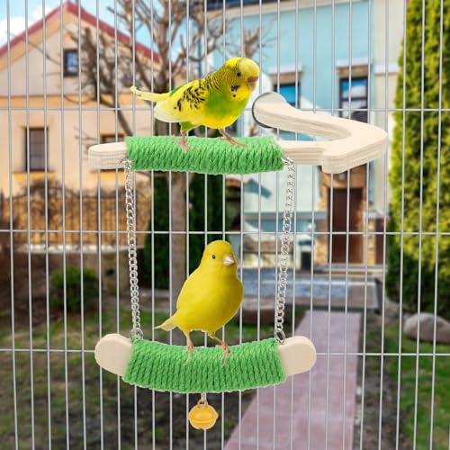 Litewoo Bird Swing Perch Stand Parrots Chewing Toy for Parakeets Cage, M | Natural wood & green hemp rope, chew/swing/stand toy, balance & exercise for small-medium bird/budgies/conures/lovebirds - size: M