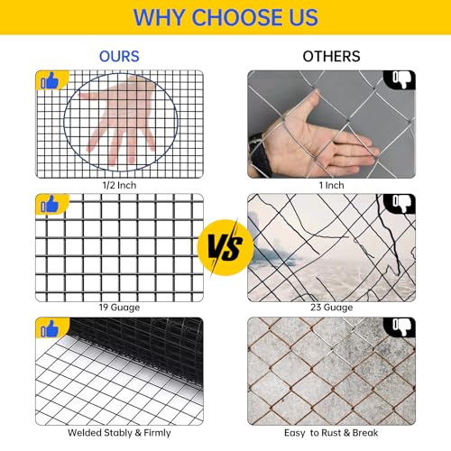 Hardware Cloth, 1/2 inch 48" x 50' Galvanized Chicken Wire Fence, 19 Gauge Vinyl Coated Wire Mesh Roll, Black Welded Wire Fencing Roll Gopher Wire Mesh Roll for Garden Fencing Rabbit Snake Wire - color: 48" x 50' Black