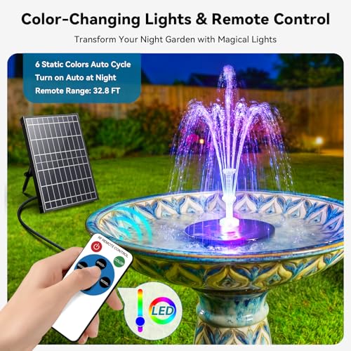 Antfraer 12W Solar Fountain Pump with 4200mAh Battery Backup& Remote RGB LED Lights, Floating Solar Water Fountain with 8 Nozzles & PVC Tubing for Bird Bath, Garden, Backyard, Outdoor Water Feature - style: 12W With Remote Lights