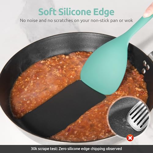 U-Taste 600ºF Heat Resistant 13.6in Long Solid & Slotted Silicone Turner and 600ºF Heat Resistant 13.76" Long, 3.63" Wide Wok Spatula for Kitchen Stir Fry (Aqua Sky)