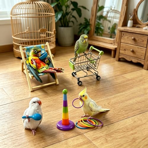 DRESSO Bird Toys for Parakeets Cockatiels Conures Lovebirds - 4PCS Parrot Training Toy Set with Mini Shopping Cart, Rattle, Ring Stacker & Beach Chair, Fun Bird Interactive Toys Set