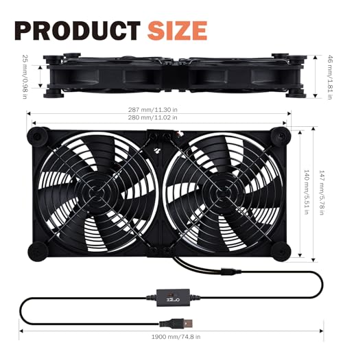 Quiet Dual 140mm Router Fan Cooler with L/M/H 3-Degree Speed Controller, DC 5V USB Powered Cooling Case Fan for Router Modem Receiver DVR PlayStation TV Box