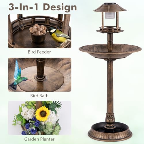 Solar Bird Bath, Pedestal Bird Bath with Bird Feeder, Flower Planter Base, and Solar Powered Lamp, Standing Birdbath for Outdoors, Garden, or Yard, 42 Inch Tall (Bronze) - color: Bronze