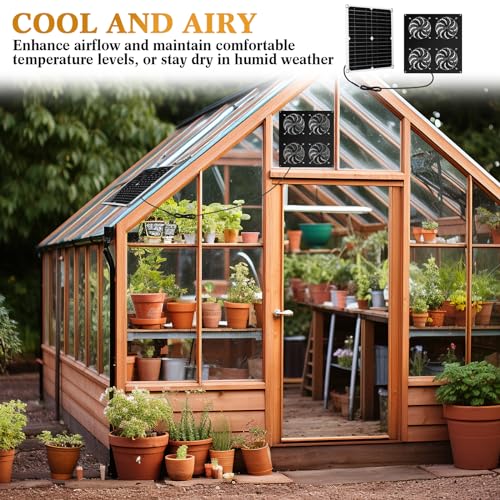 Rossesay 2 Set Solar Panel Fan Kit with 4 Fans 12w USB Weatherproof Solar Exhaust Fan Outdoor Solar Greenhouse Fan Portable Chicken Coop Fan, Metal Shell for Sheds, Attic, Pet Houses, Window Exhaust