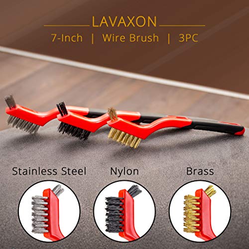 Wire Brush Set 3Pcs - Nylon/Brass/Stainless Steel Bristles with Curved Handle Grip for Rust, Dirt & Paint Scrubbing with Deep Cleaning – 7 Inches (Red) - color: Red