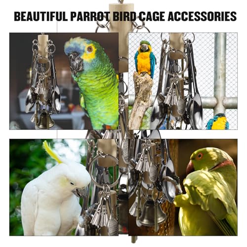 Kenkont Metal Spoon Bell Parrot Toy, Hanging chew Toy | Stainless steel spoon and bell, crisp sound, durable, relieve boredom, perfect cage decoration