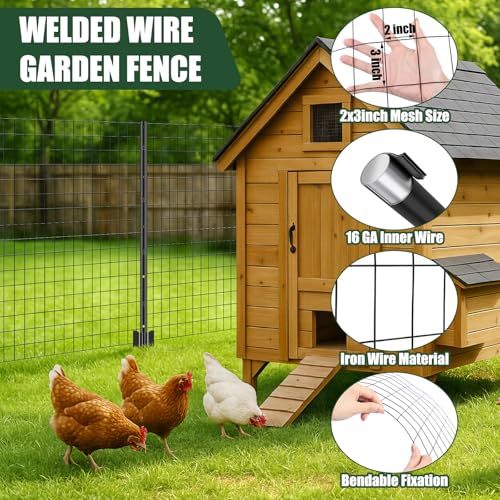 109 Pcs Black PVC Coated Wire Fence 2 x 50 ft, 2 x 3 Inch 16ga, Garden Fencing Roll and 3 ft Metal Fence Garden Fences T Posts and 8 in Zip Ties Cable Ties for Lawn Poultry Plant