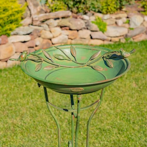Zaer Ltd. Deep Well Made Metal Birdbath with 2 Cast Iron Birds and Leaf Decoration (Verdi Green) - color: Verdi Green