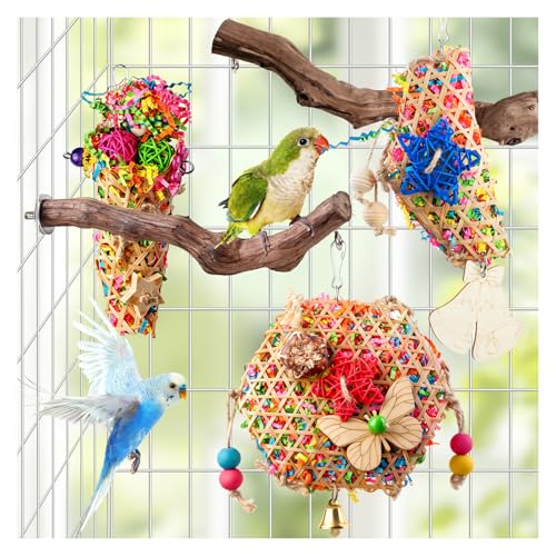 Bird Toys, Parakeet Foraging Toys, Hanging Chewing Toys with Natural Wooden Perches, Bird Cage Accessories, Suitable for Parakeets, Cockatiels, Budgies, Lovebirds & More - color: 5 pieces bamboo