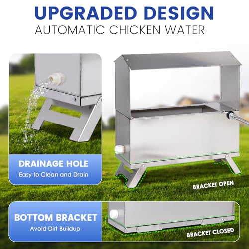 1.6 Gal Automatic Chicken Waterer with Float Valve Kit and Bottom Bracket | Stainless Steel Poultry Waterer Dispenser No Leaks Chicken Coop Accessories for Hen Duck Goose Turkeys