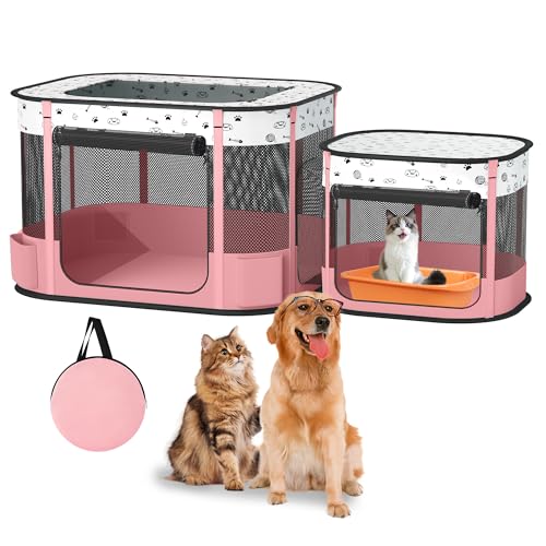 Portable Cat Playpen with litter box area, Foldable Pet Dog Playpen, for Kitten Puppy Play Pen Indoor/Outdoor, Cats Enclosure Cages Tent with Carrying Case, 600D Oxford 8-Rods, 32"x24"x22", Pink - color: Pink