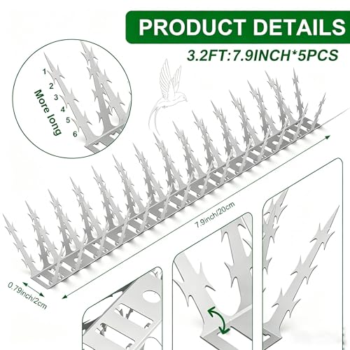 Bird Spikes for Outside 5 Pack 3.2 FT Stainless Steel Deter Pigeon Squirrel | Made of durable stainless steel, effective deterrent for pigeon, squirrel, cat, raccoon and snake - size: 3.2 FT