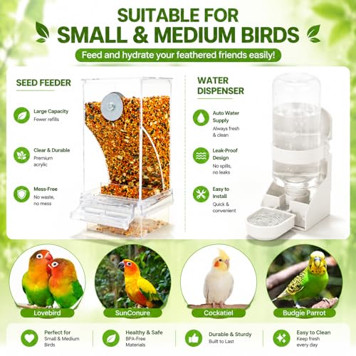 Rypet No-Mess Bird Feeder and Water Dispenser Set for Small Birds | Automatic Bird Feeder, Transparent Acrylic Food Container, Helps Reduce Seed Scatter, for Parakeet Cockatiel Parrot Canary - color: White Feeder + Drinking Bottle