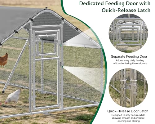 32x10 FT Extra Large Walk-in Chicken Coop with Spire Roof Cover | Front and rear doors, feeding door, roosting ladder and galvanized frame support easier daily poultry care - size: 372.4"L x 118.1"W x 77.6"H