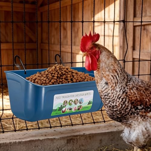 3 Pack 6 Quart Chicken Duck Feeder Trough, Blue | Fence Mount Hanging Feeder with Clips; Fits Chicken, Duck, Geese, Turkeys, Goats & All Farm Livestock Coop Feeding - color: blue
