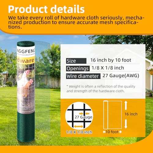 16in x 10ft Green Hardware Cloth 1/8 inch 27Ga PVC Coated Wire | Welded Metal Chicken Wire Fencing, Vinyl Coated Galvanized Wire Mesh Screen Roll, for Garden Plant Fencing Bee Screen - color: Green, size: 16in x 10ft