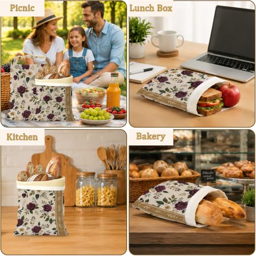 2 Pack Beeswax Burgundy Floral Bread Bags for Sourdough Homemade Breads, Reusable Beeswax Bread Ivory Botanical Storage Bag, Keep Loaves Fresh Longer, Freezer Safe & Airtight, Zero Waste 17 x 13'' - color: Burgundy Floral