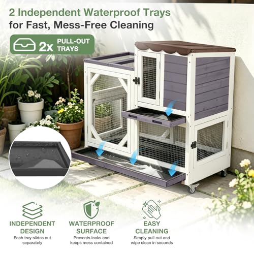 Large Rabbit Hutch Indoor Outdoor, 2-Tier Bunny Hutch with Wheels and Waterproof Roof, Wooden Guinea Pig Cage with Leak-Proof Pull-Out Trays, Multi-Door Bunny Cage for Small Animals-Grey - color: Grey-AIR7013