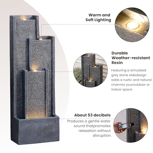 39" Modern Water Fountain Outdoor – Tiered Grey Rectangle Outdoor Waterfall Fountain with LED, Indoor Water Feature for Lawn Garden Porch or Backyard Decor, Resin patio water fountains outside - color: Gray-39 in