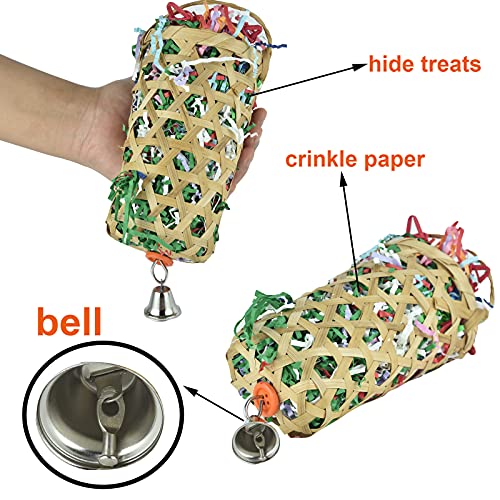 4 Pack Bird Foraging Shredder Basket Toy Parakeet Cockatiel Paper Cage Chew | Conures Cage Climbing Foot Toys with Bell,Parrot Chewing Beads,Bamboo Basket,Birdcage Hanging Treats Feeder Toy,Refillable