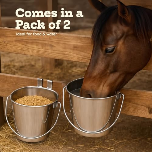 9 Quart Stainless Steel Flat Sided Bucket with Dual Hooks | 2 Pcs Food & Water Bowl for XL Dog Goat Cattle Horse & Livestock | Fits kennel Crate Cages Farm Hanging Pet Pail | Multipurpose - size: 9 Quart (Pack of 2)