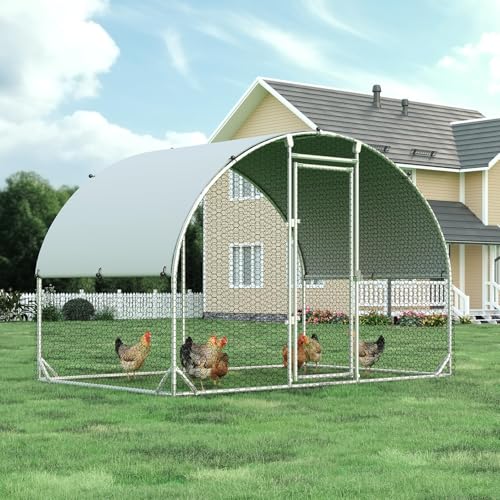 4ever2buy Metal Chicken Coop, 9.8x6.5 FT Walk-in Chicken Run Pen Poultry Cage, Water-Resistant & Anti-UV Cover, Large Chicken Coop for 6-8 Chickens - size: 77.4"L x 114.0"W x 76.0"H