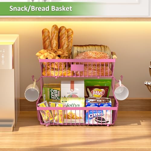 2 Tier Fruit Basket for Kitchen Counter with 2 Banana Hangers, Countertop Metal Fruit Bowl with Wooden Handle, Large Storage Stand for Vegetables, Snacks, Breads, Produce Storage – Rose Pink - color: Rose Pink, size: 2 Tier