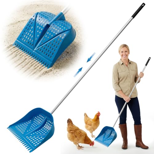 Thiswing Chicken Poop Scooper & Rake 2-in-1, Blue | Adjustable Handle Length, Features Manure Sifting Capability, Ideal for Chicken Coops and Farm Animal Cleaning - color: Blue
