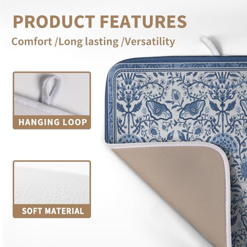 Blue Floral Dish Drying Mat for Kitchen Counter Boho Flowers Dishes Drainer Mats Rustic Farmhouse Microfiber Absorbent Dish Draining Spring Summer Reversible Dish Rack Pad 16x18 Inch - color: Blue Floral, size: 16" x 18"