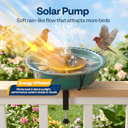 VIVOHOME Deck-Mounted Bird Bath with Solar Fountain, 13-Inch Bowl, Green | Solar-Powered Pump, Weather-Resistant ABS, Adjustable Metal Clamp, for Railing/Fence/Balcony, Bird-Friendly, Easy to Clean - color: Green, size: Birdbath with Fountain