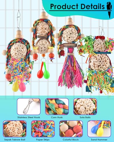 Bissap Conure Toys, 4 PCS Bird Parrot Foraging Shredder Hanging Toys Sola Balls with Sand Hammer for Small Parrots Parakeets Conures Cockatiels Love Birds Cage Toy - size: 4 PCS