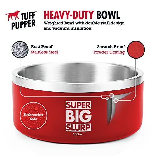 Tuff Pupper 100 oz Heavy Duty Insulated Stainless Steel Dog Bowl for Large Dogs, Non-Slip Base, Dishwasher Safe - color: Crimson Red, size: 100oz