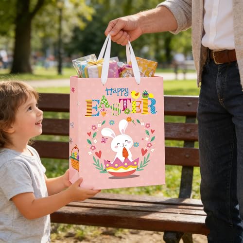 STPIYFZU 2 Pack 13" Large Easter Gift Bags with Handles, Rabbit Egg Design Reusable Paper Easter Bag for Egg Hunts Kids Party Supplies, Gift Wrapping - color: 2 PCS Easter Bags