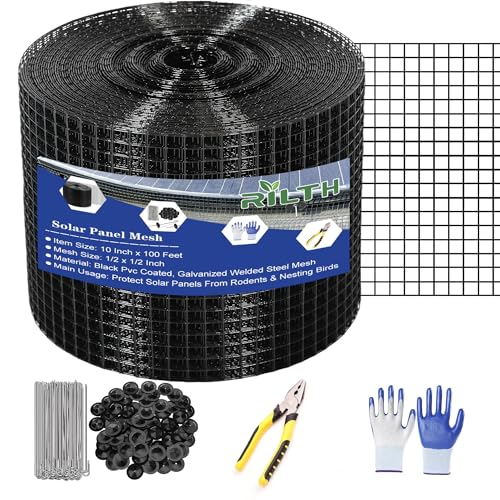 Critter Guard for Solar Panels, 10 in x 100 ft Solar Panel Bird Guard Mesh | 1/2 in PVC-coated solar mesh kit with 120 fasteners, scissors and gloves, black pigeon guard for solar panels - size: 1/2inch x 10in X 100ft