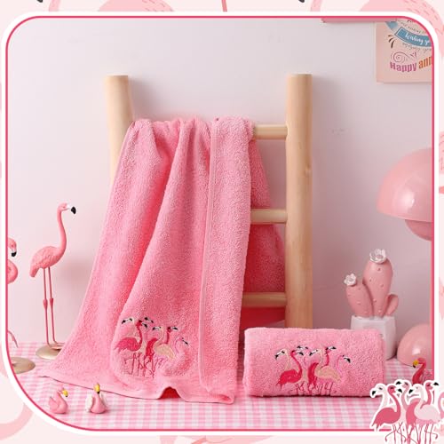 SmoothNovelty 2 Pcs Flamingo Hand Towels Pink Bathroom Decor 14x29 Inch | Embroidered Hot Pink Bathroom Hand Towels, 100% Cotton, Soft Absorbent, Summer Hawaii Bathroom Kitchen Decor - style: Flamingo
