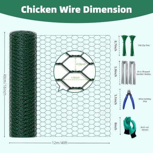 16in x 40ft PVC Coated Chicken Wire Mesh Fence | Garden Barrier Cloche & Tree Trunk Guards Kit with 100 Zip Ties, 30 U-Stakes, Gloves & Pliers for Outdoor Plant Protection - size: 40Ft x 16In