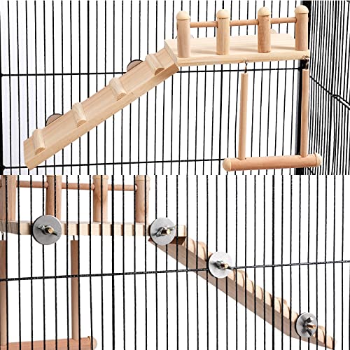 FrgKbTm Bird Perches Platform Swing with Climbing Ladder, Parakeet Cage Accessories Wooden Playing Gyms Exercise Sturdy for Small Birds