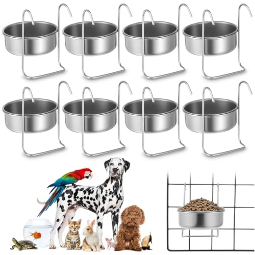 8 Pcs Stainless Steel Hanging Pet Bowl, 10 oz Kennel Food and Water Dish Feeder Coop Cup with Hook for Dog Crate, Cat, Rabbit Birds Chicken Cage No Spill