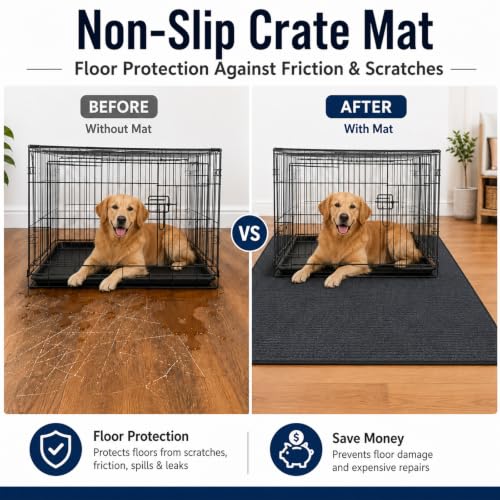46" X 60" Mat for Under Dog Crate, Waterproof Dog Crate Mat | Non-Slip Kennel Mat, Under Crate Floor Protector, Absorbs Urine, Reusable, Rubber Dog Mat, Dog Playpen Mat - size: 46" X 60"