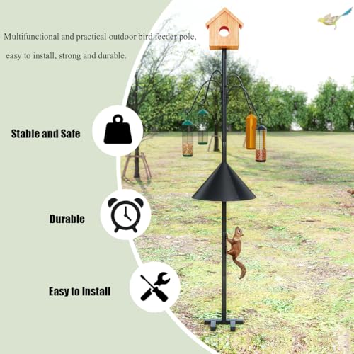 INGIORDAR Bird Feeder Pole with Squirrel Baffle Shepherd Hooks 101.97 in | Bird Feeder Pole with Squirrel Proof Baffle Bird Feeding Station with 4 Shepherd Hooks Garden Yard Bird House Not Included