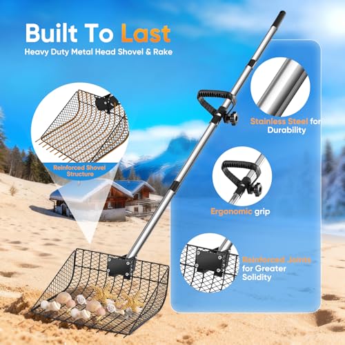 12inch Large Metal Chicken Poop Scooper for Sand with Ergonomic Grip, Adjustable Angle 2 in 1 Chicken Coop Scoop & Rake (39-66"), Stainless Steel Litter Sifting Shovel Chicken Coop Cleaning Tool, Farm