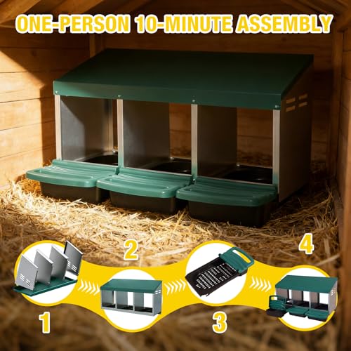 Aivituvin Chicken Nesting Box, 3 Compartments Chicken Egg Laying Box, Metal Nesting Boxes with Swing Perch for Chickens, Roll Away Egg Collection for Chicken Coop (Green) - color: Green