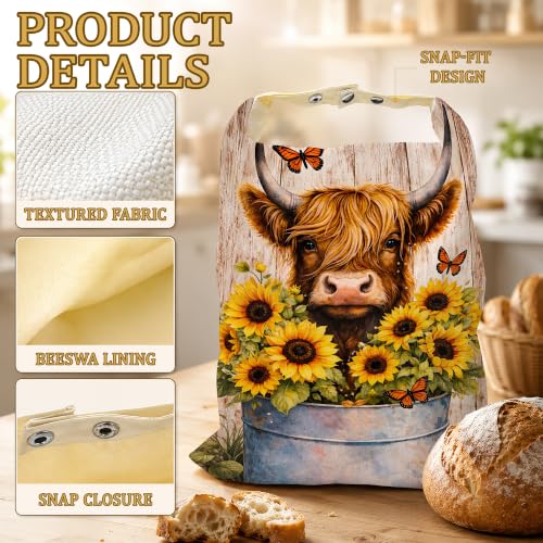 2 Pack Beeswax Highland Cow Bread Bags for Sourdough, Reusable Linen Sunflowers Butterfly Bread Bag 17x13'' Food Storage Cloth Bag Freezer-Friendly & Freshness Preservation - color: Highland Cow