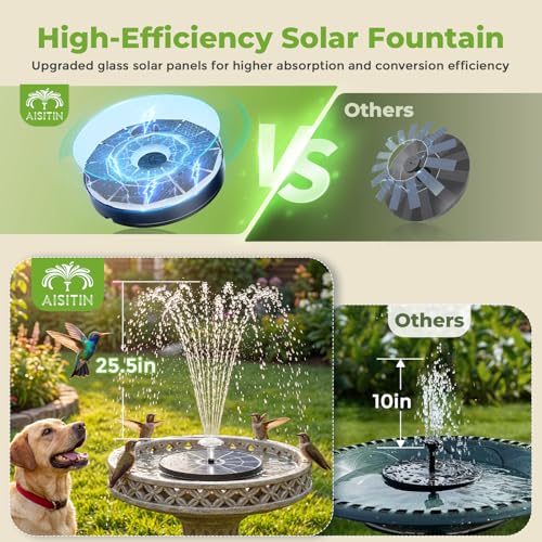 AISITIN 3.7W Solar Bird Bath Fountains with Upgraded 6.3" Glass Panel | Solar Water Fountain Pump with Integrated Bracket & Storage Design for Garden, Pond, Aquarium and Outdoor Use