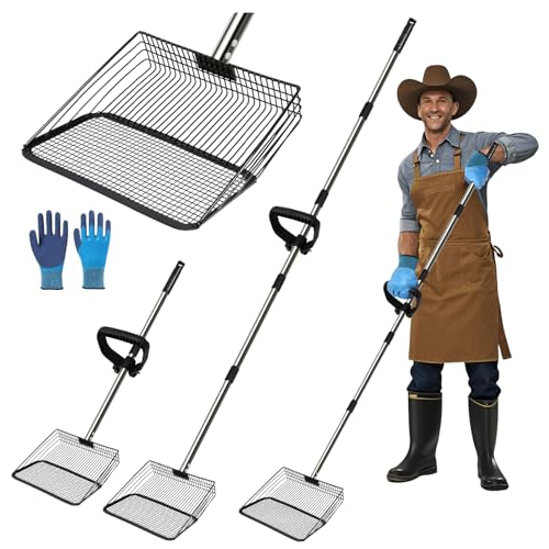 Large Chicken Poop Scooper Chicken Scooper for Poop with 37" to 75" Adjustable Stainless Steel Handle Gloves Litter Sand Sifting Shovel Cleaning Tool for Chicken Coop Goat Stall Stable - color: 10inch