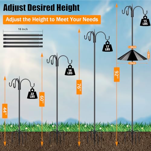 Heavy Duty Shepherds Hook Squirrel-Proof Bird Feeder Pole 92" Triple Hooks 5-Prong Base & 19" Baffle for Outdoor Feeders & Plants - color: w/ Squirrel Baffle, size: 92" Triple Hooks
