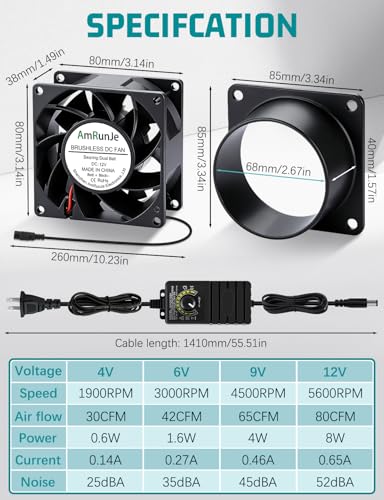 12v Soldering Exhaust Axial Fan 80mm x 38mm Speed Control | 3 Inch Duct Fan, Dual Ball Bearing, Small Fume Extractor for Smoke Laser Enclosure DIY Grow Tent Ventilation Spray Booths - size: 80mmx38mm 2 ducts