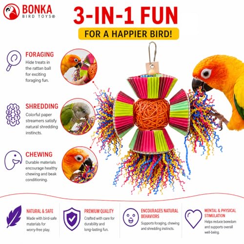 Bonka Bird Toys 3488 Cake Party Parrot Preening Foraging Plucker Natural Toy cage Cages Shredder Cockatiel Conure African Grey Parakeet Made in the USA