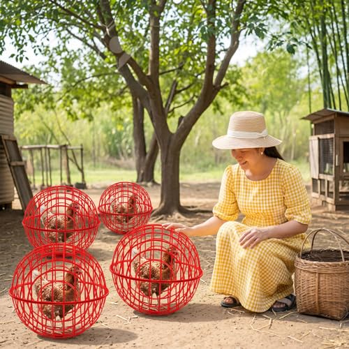 Leinuosen 4 Pack Chicken Ball Cage Movable Mesh Rabbit Coops Plastic Detachable Rolling Safety Hutch Prevents Dog Bites Horse Trampling for Bird Duck Outdoor(Red) - color: Red